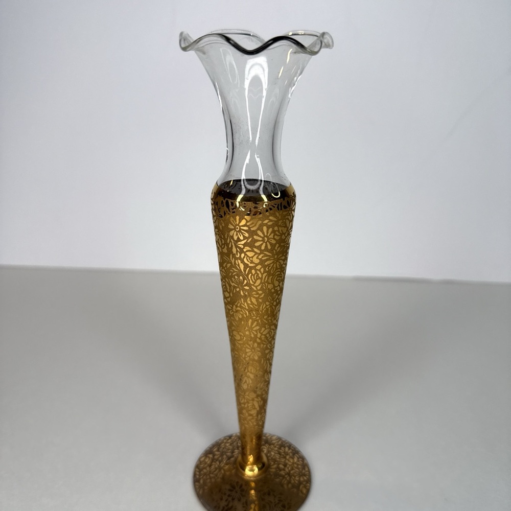 Vintage Gold Filigree Bud Vase w/ Ruffled Glass Top – 8” Decorative Floral Vase
